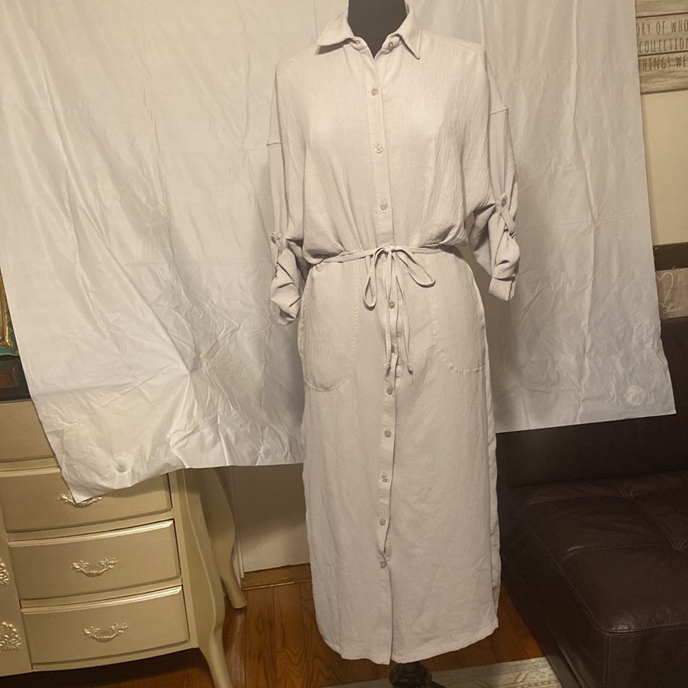 MAX STUDIO WOMEN’S Tab-sleeve tie-waist MAXI SKIRT DRESS SIZE M GRAY COL…